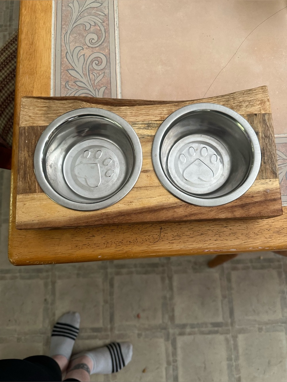 Wooden Double Pet Bowl Stand with Stainless Steel Inserts - Natural wood - small